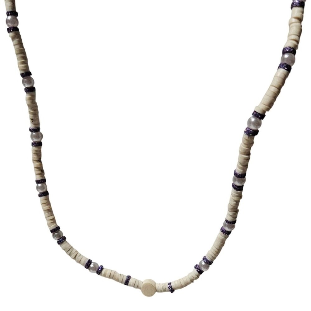 Claires White Shell Beaded Necklace Purple Glitter Accents Fashion Jewelry